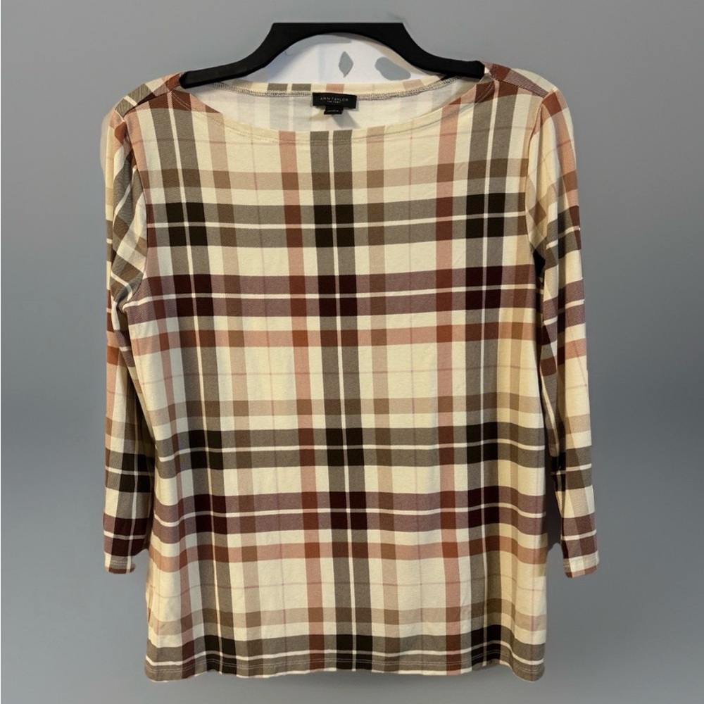 Ann Taylor Plaid Women's Top in Brown and Cream Size Med